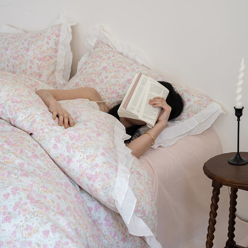 Pink Floral Ruffle Cotton Bedding Set – Pink, bed arrangement - Roomden