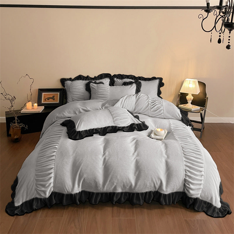 Pleated Ruffle Fleece Bedding Set – Gray, bed arrangement - Roomden