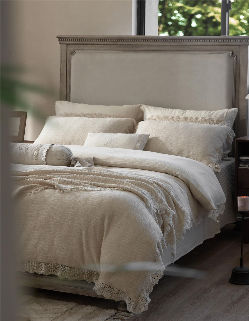 Lace Trim Cotton Linen Summer Quilt Set, Ivory Gauze, bedroom view 1 - Roomden