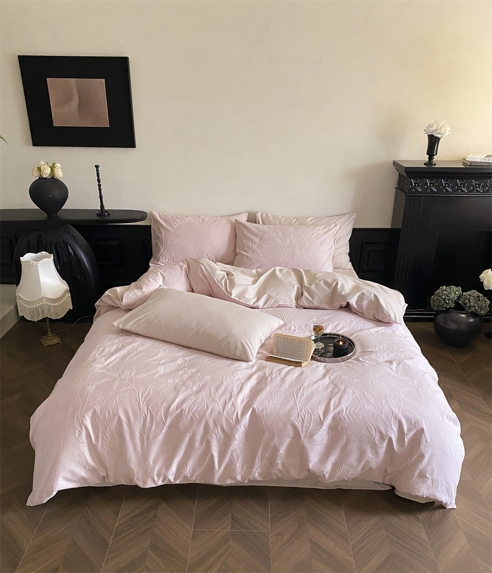 Brushed cotton jacquard bedding set – Blush Orchid, full bed arrangement - Roomden