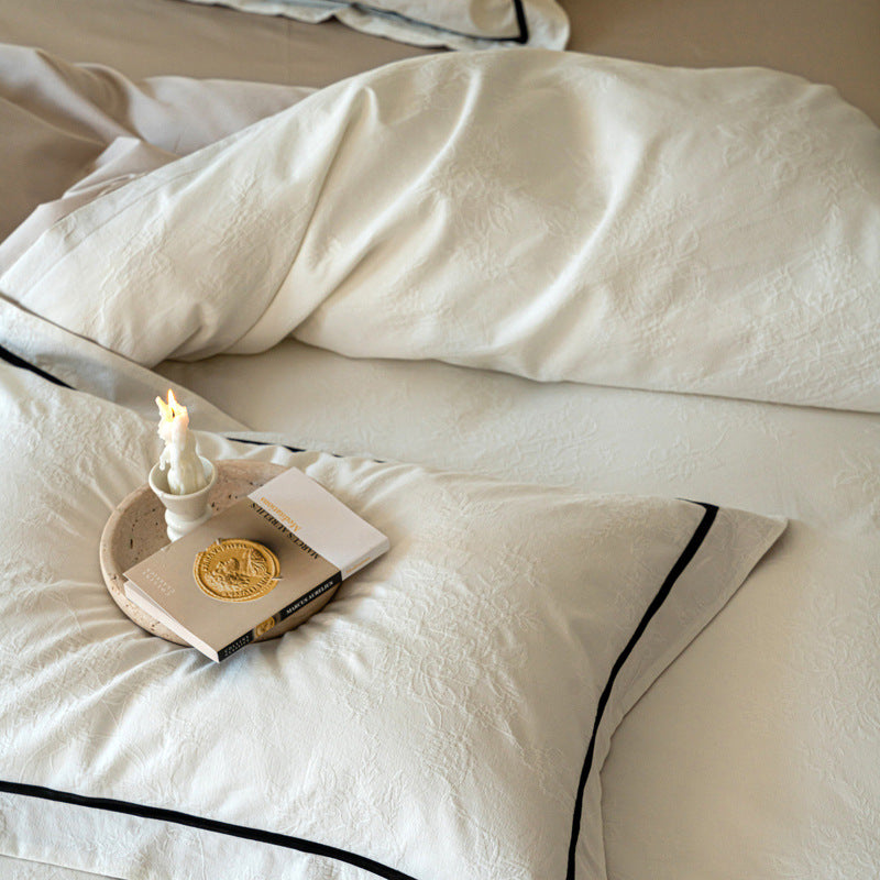 Contrast Border Cotton Jacquard Bedding Set, Ivory Sand, fabric and pillow detail 6 - Roomden