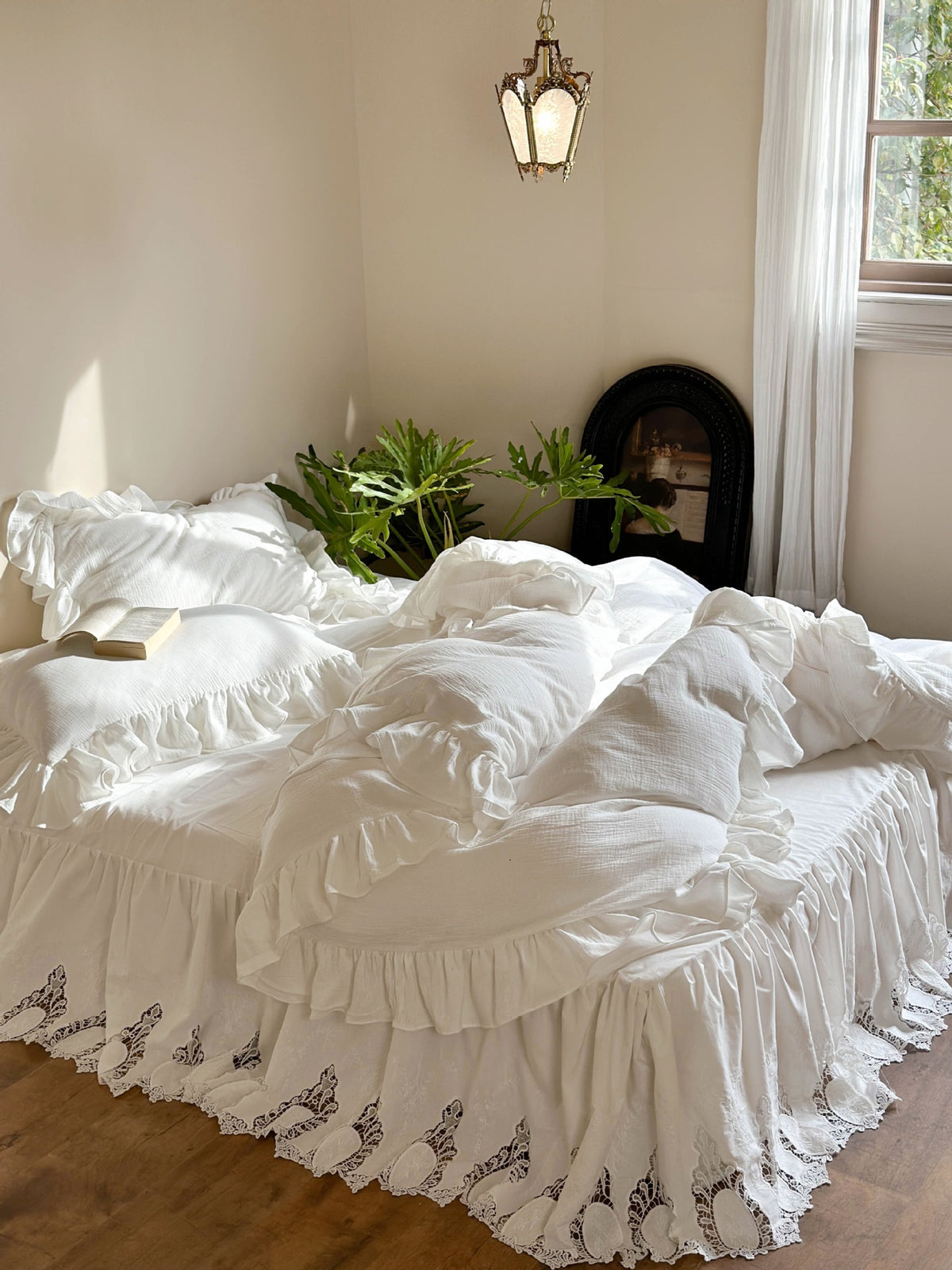 Ruffled Double Gauze Cotton Bedding Set – Scalloped Ivory, wide bedroom view of layered ruffles and lace border - Roomden