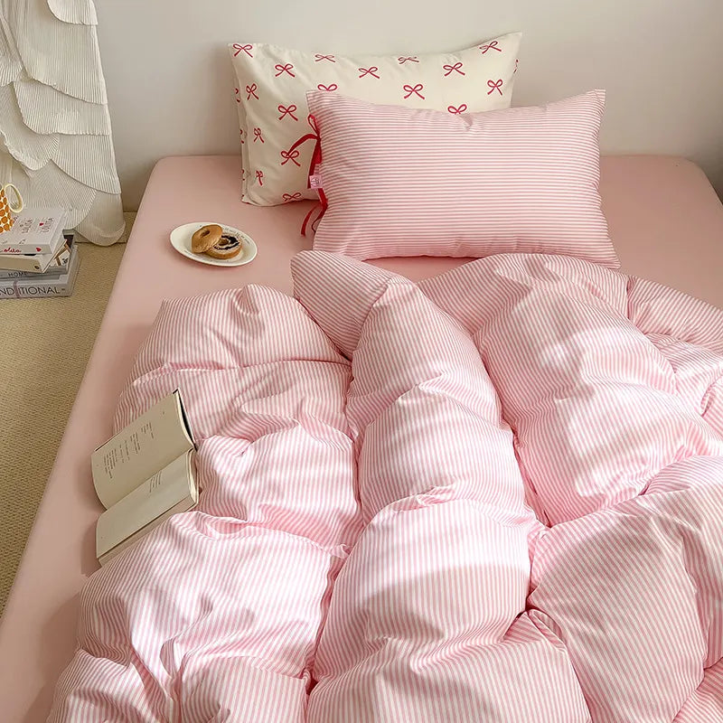 Bow striped cotton bedding set – Petal Pink, coordinated duvet and pillow view - Roomden