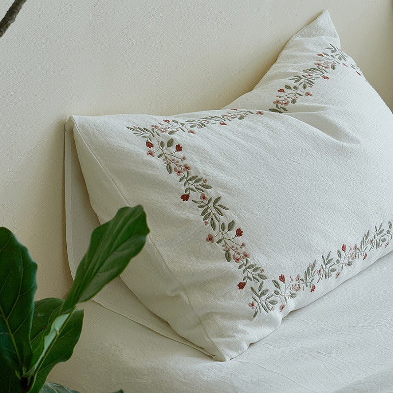 Floral Embroidered Cotton Bedding Set, Ivory Vine, fabric and pillow detail 12 - Roomden