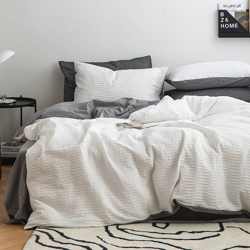 Ripple Textured Cotton Bedding Set, White & Grey, bedroom view 1 - Roomden