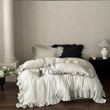 Black-Piped Ruffle Double Gauze Cotton Bedding Set
