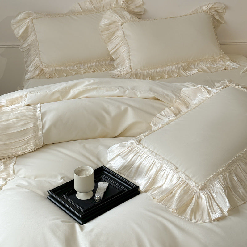 Ruffled Cotton Bedding Set – Ivory Cream, fabric and edge detail - Roomden
