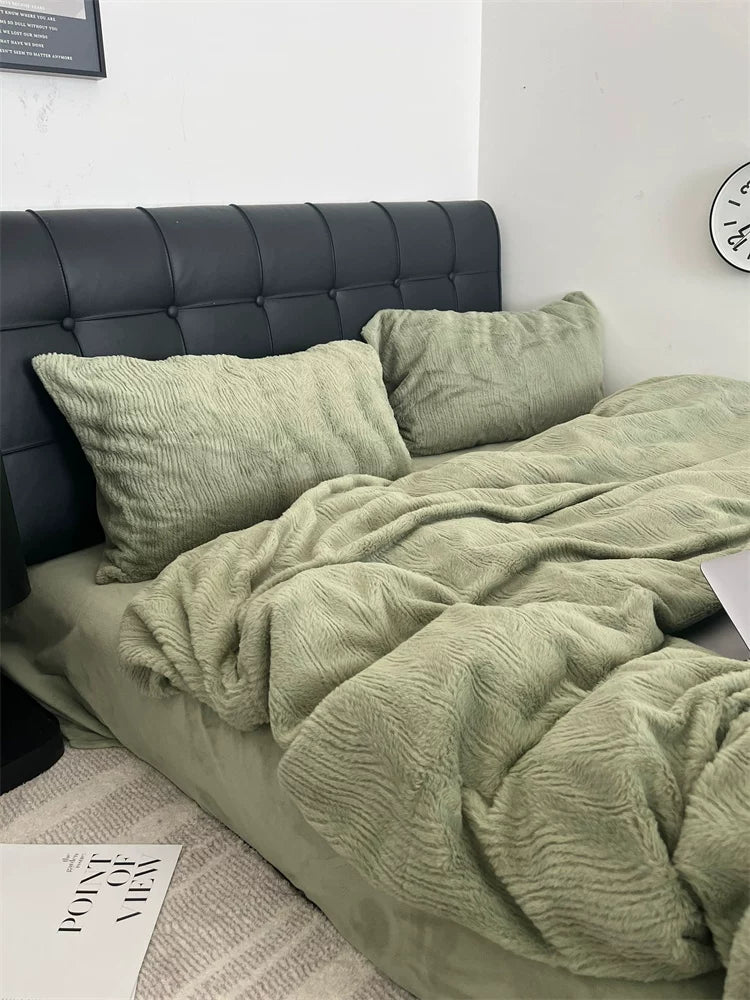 Wave textured plush bedding – matcha green olive toned bedding against a dark headboard - Roomden