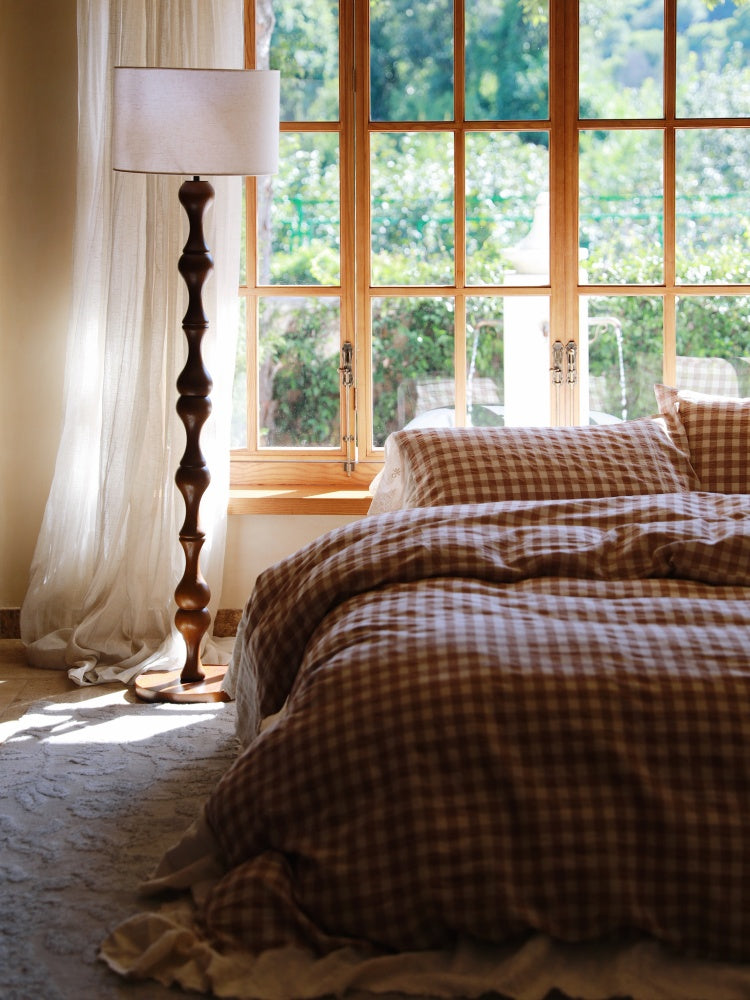 Lace Trim Gingham Cotton Blend Bedding Set – brown gingham bedding framed by a tall window - Roomden