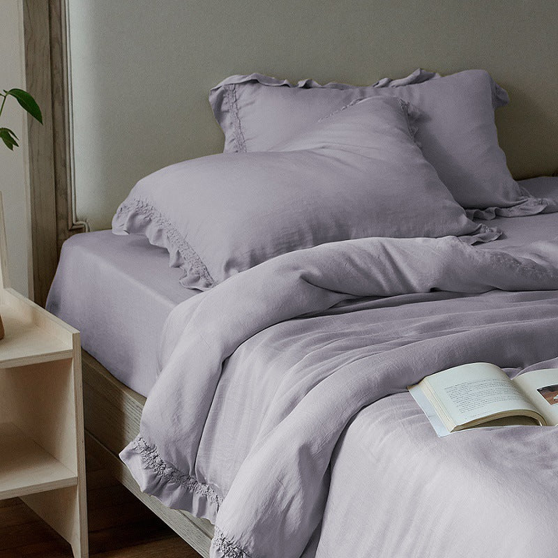 Ruffle Lyocell Bedding Set, Lilac, fabric and pillow details - Roomden