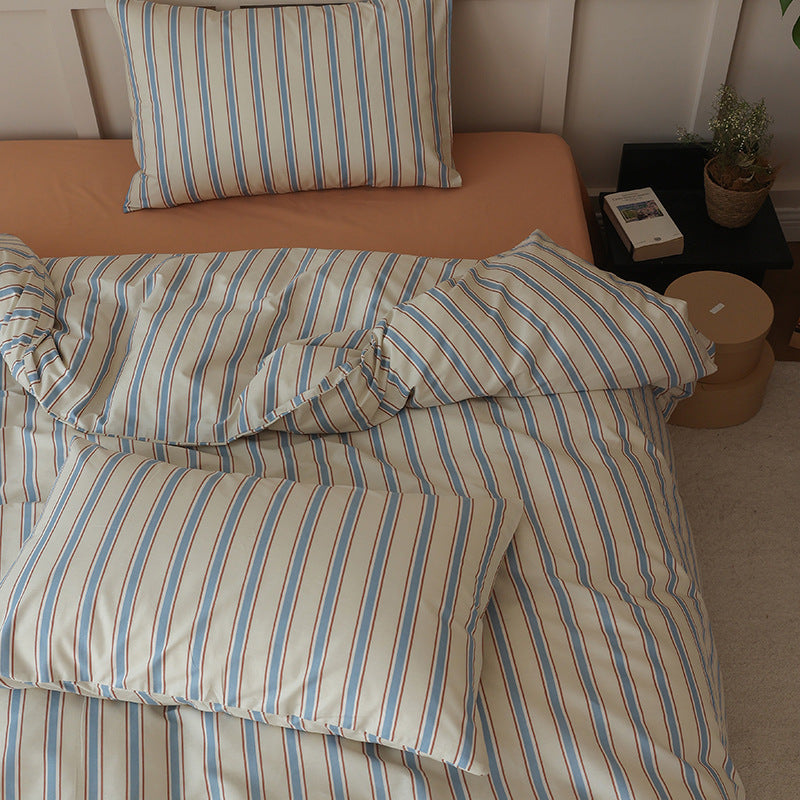 Pale Blue Rust Stripe Cotton Bedding Set with coordinating pillow styling - Roomden