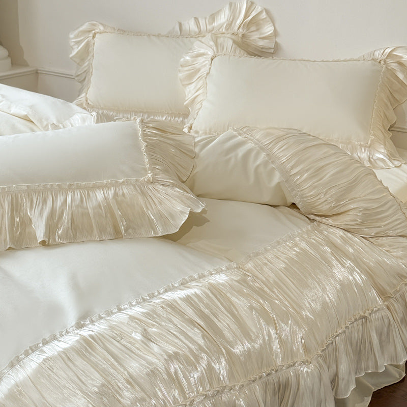 Ruffled Cotton Bedding Set – Ivory Cream, fabric and edge detail - Roomden