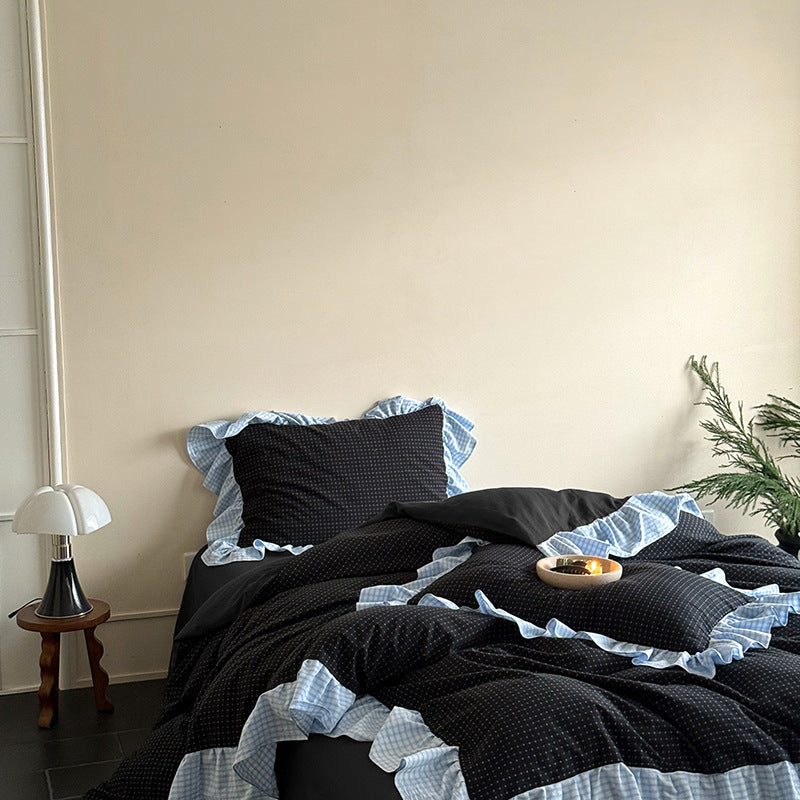 Contrast Ruffle Gingham Cotton Bedding Set, Onyx & Mist, fabric and pillow details - Roomden