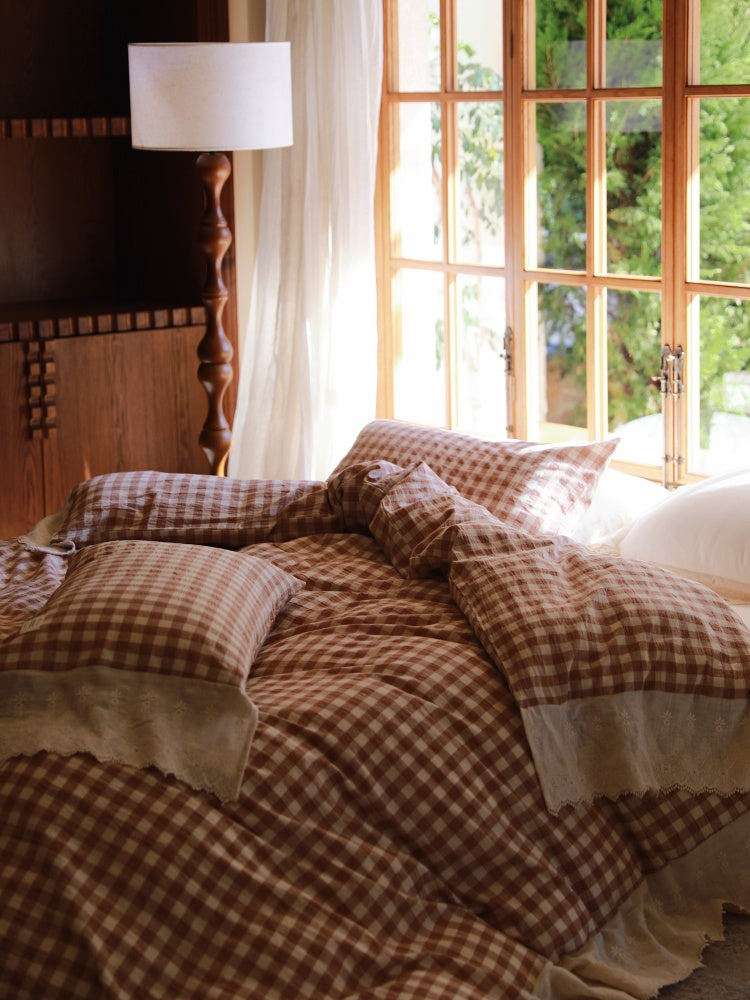 Lace Trim Gingham Cotton Blend Bedding Set – warm brown checked duvet with pale lace edges - Roomden