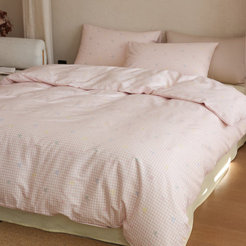 Blush Gingham Bow Cotton Bedding Set