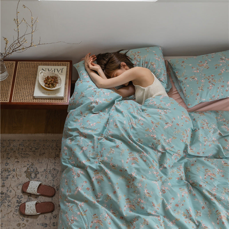 Aqua Floral Sprig Cotton Bedding Set with coordinating bedding — view 1