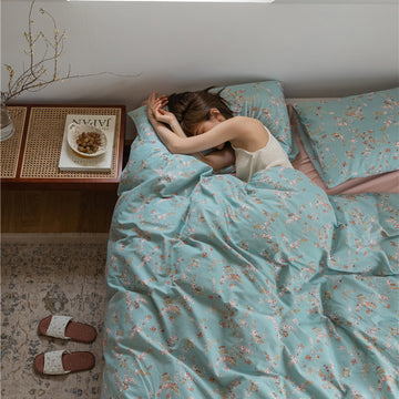 Aqua Floral Sprig Cotton Bedding Set