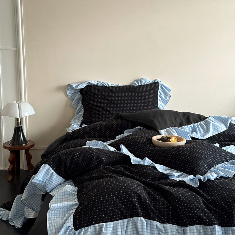 Contrast Ruffle Gingham Cotton Bedding Set, Onyx & Mist, fabric and pillow details - Roomden