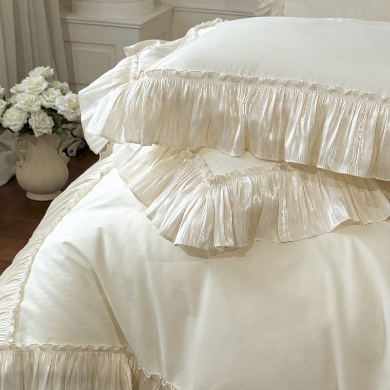 Ruffled Cotton Bedding Set – Ivory Cream, fabric and edge detail - Roomden