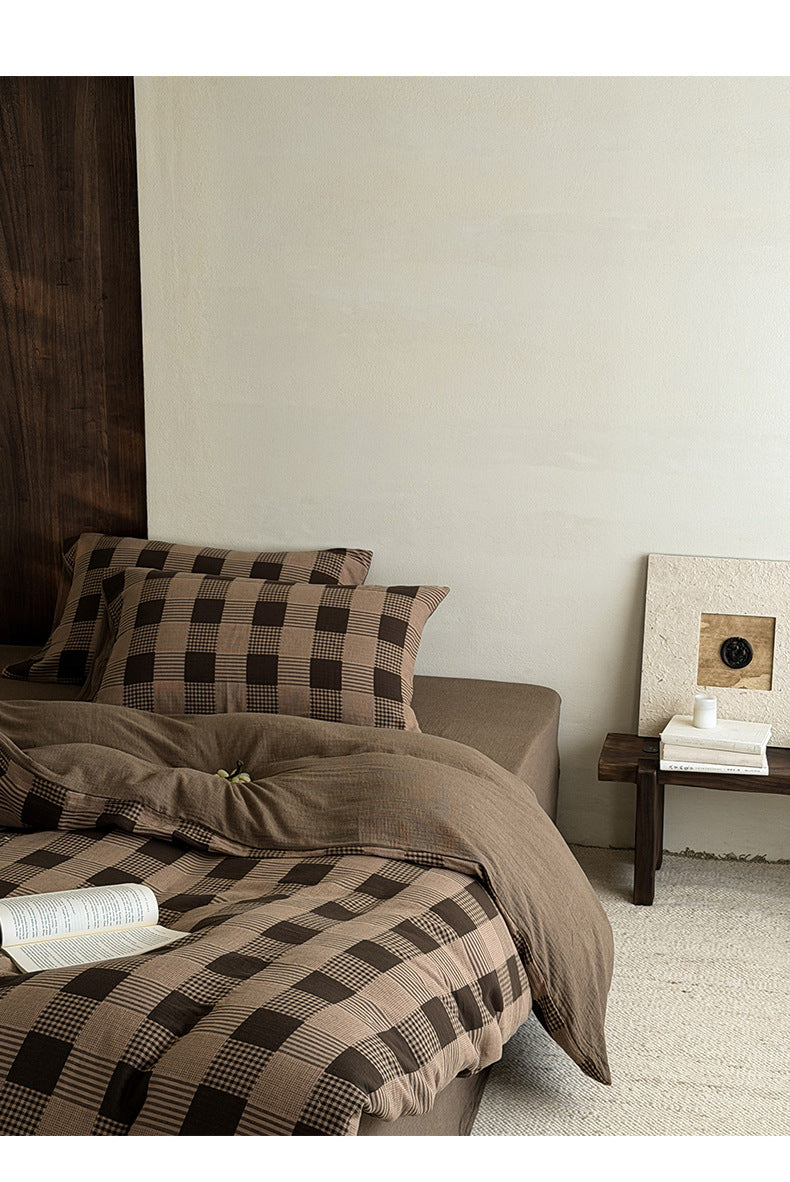 Gingham Jacquard Cotton Gauze Bedding Set – Cocoa Check, cocoa checked duvet folded to reveal the plain reverse - Roomden