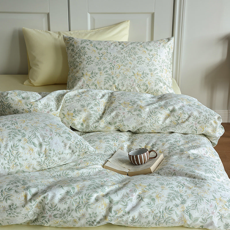 Ivory Yellow Leafy Floral Cotton Bedding Set with coordinating pillow styling - Roomden