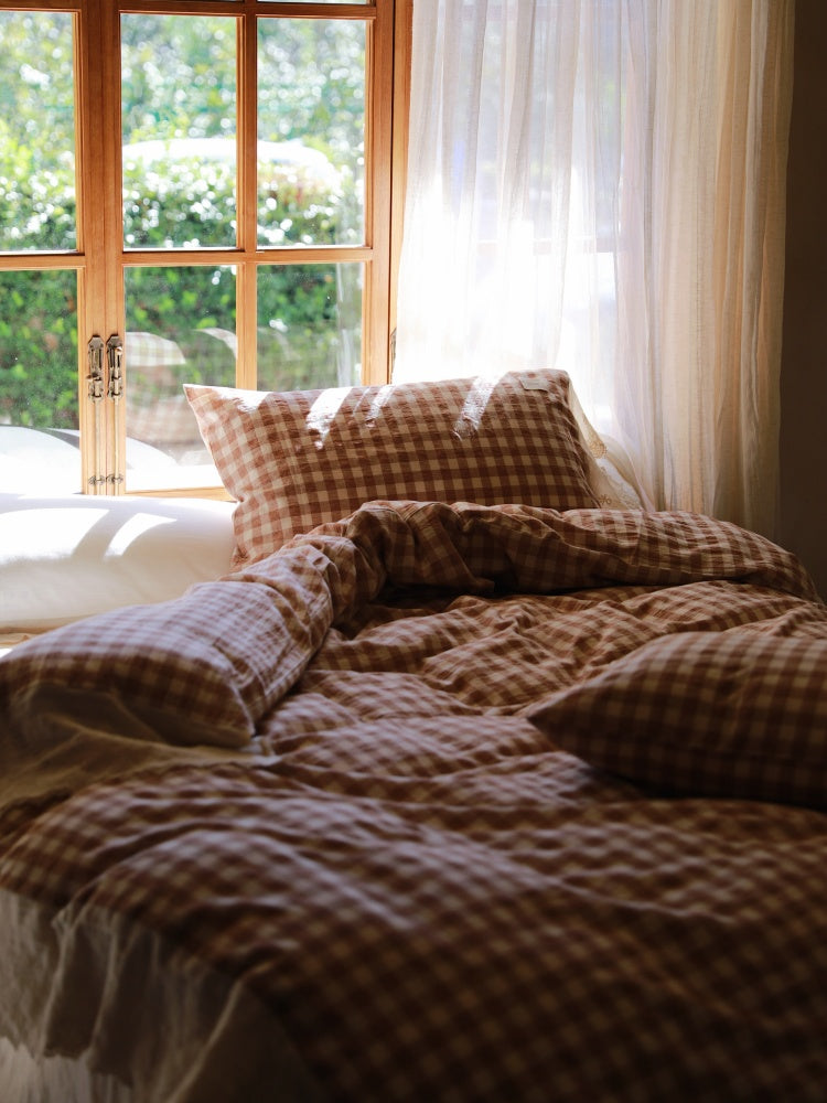 Lace Trim Gingham Cotton Blend Bedding Set – folded brown gingham duvet and matching pillows - Roomden