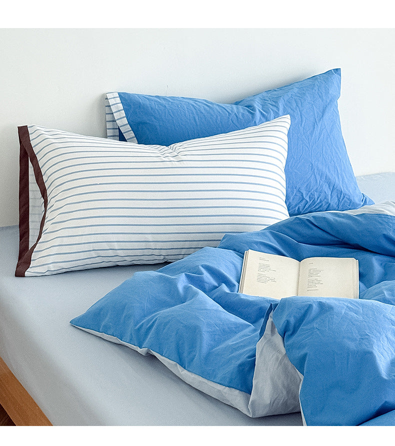 Two-Tone Striped Pillow Washed Cotton Bedding Set, Ocean Mist, bed arrangement - Roomden