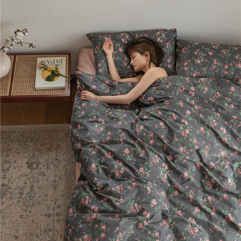 Charcoal Rose Bouquet Cotton Bedding Set with coordinating bedding — view 1