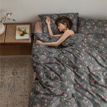 Charcoal Rose Bouquet Cotton Bedding Set