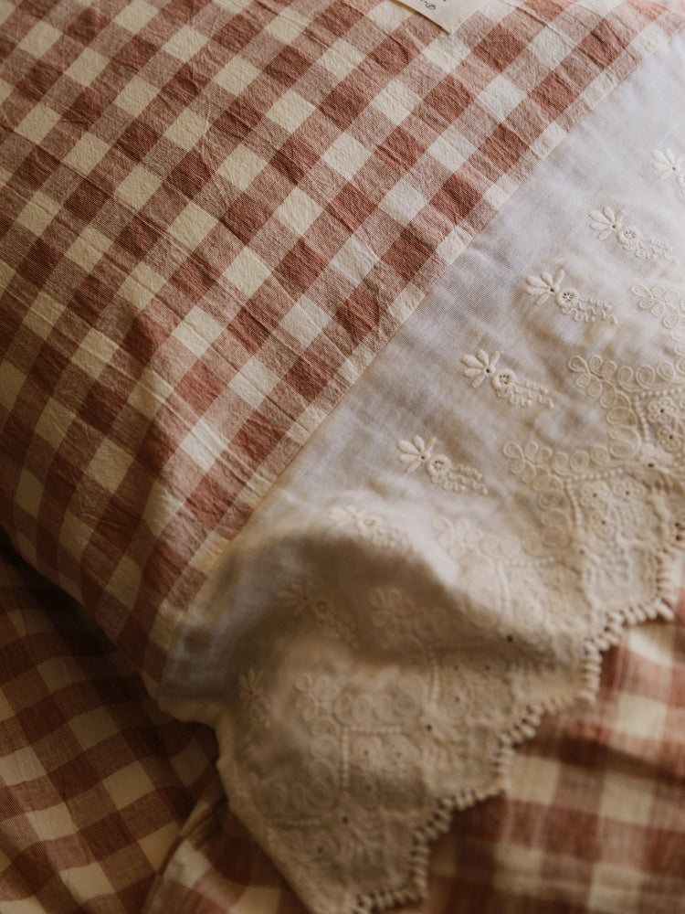 Lace Trim Gingham Cotton Blend Bedding Set – close detail of brown checks beside pale embroidered lace - Roomden