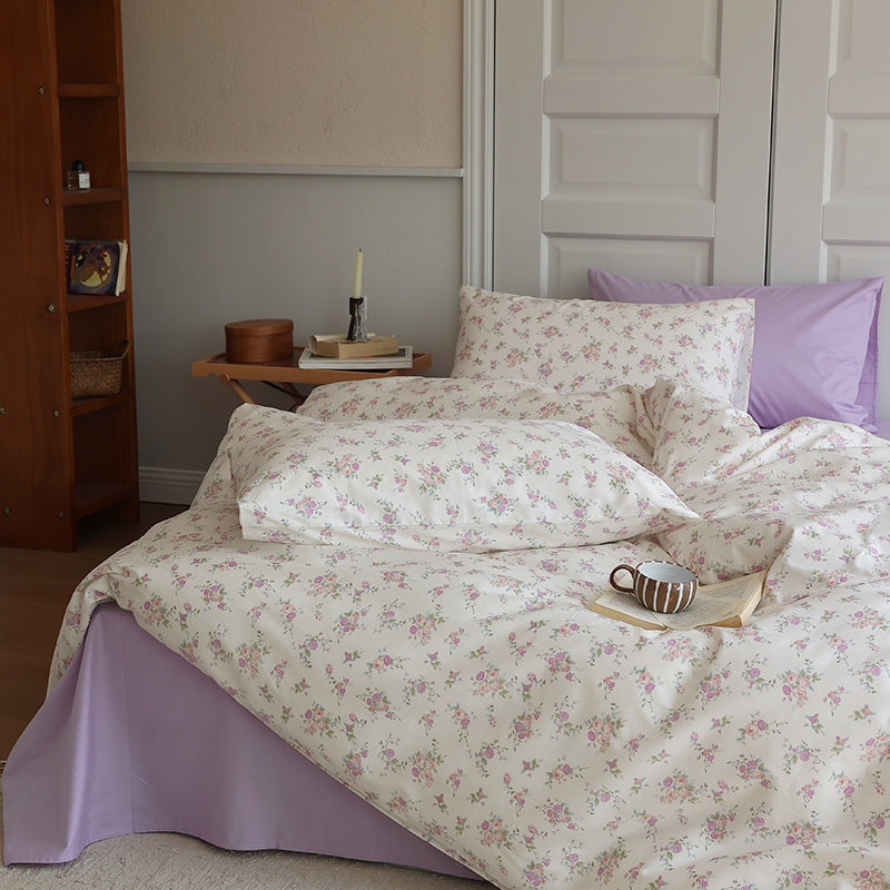 Ivory Pink Rose Bouquet Cotton Bedding Set with coordinating pillow styling - Roomden