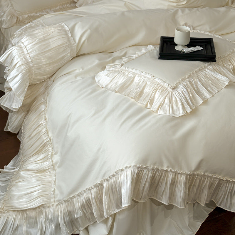 Ruffled Cotton Bedding Set – Ivory Cream, fabric and edge detail - Roomden