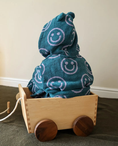 Back view of a child sitting in a wooden cart showing the purple smiley face pattern on the teal hooded robe