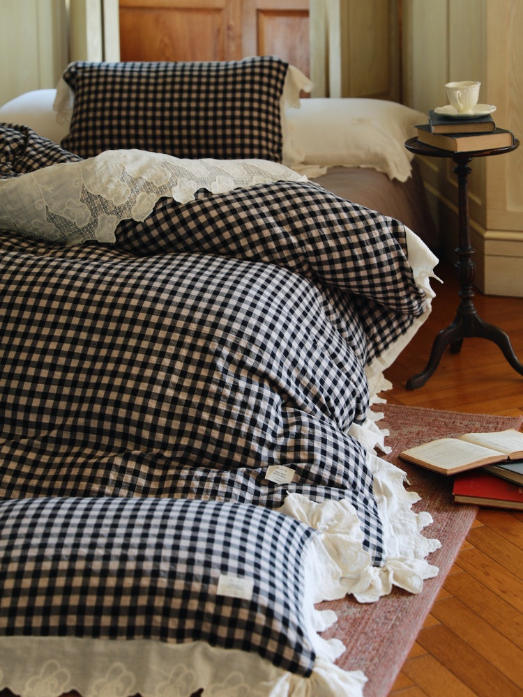 Lace Trim Gingham Cotton Blend Bedding Set – matching black checked pillows and folded duvet - Roomden