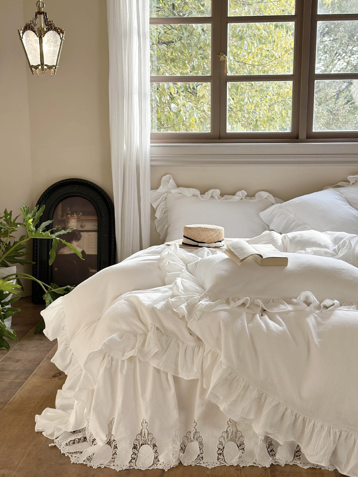 Ruffled Double Gauze Cotton Bedding Set – Scalloped Ivory, duvet spread beneath a tall bedroom window - Roomden