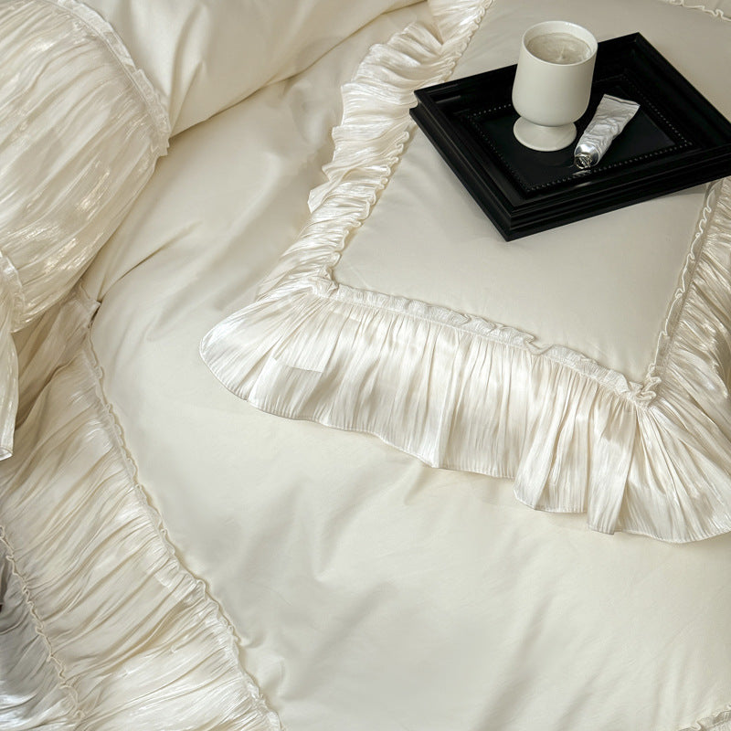 Ruffled Cotton Bedding Set – Ivory Cream, fabric and edge detail - Roomden