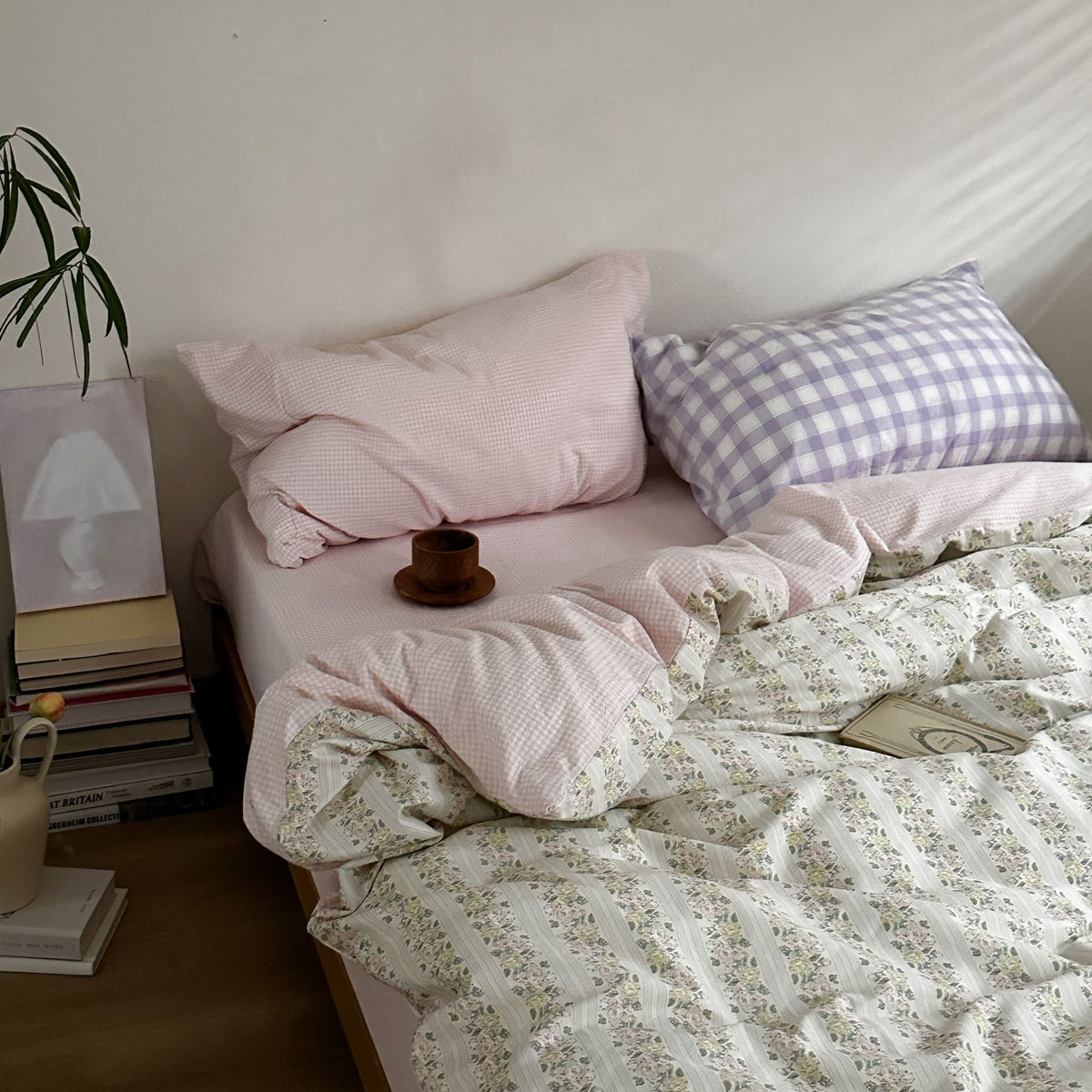 Ivory Floral Stripe and Pink Check Cotton Bedding Set – pink microcheck and lilac gingham pillow arrangement - Roomden