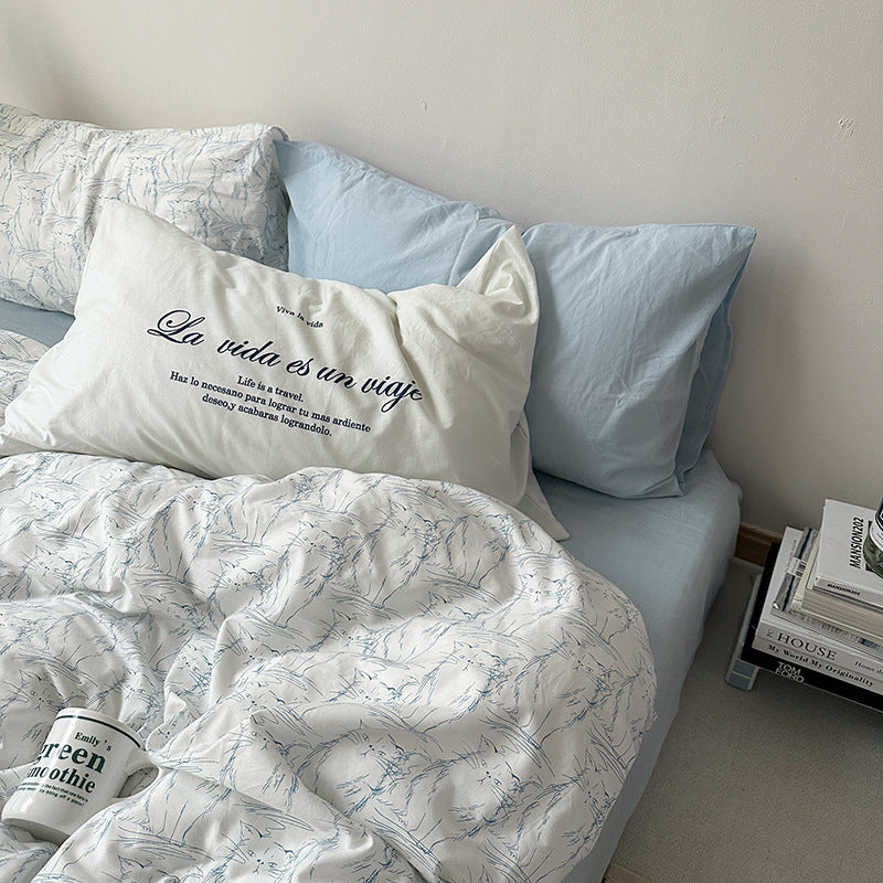 Ivory Blue Cat Sketch Cotton Bedding Set – full bed scene with coordinating pillow styling - Roomden
