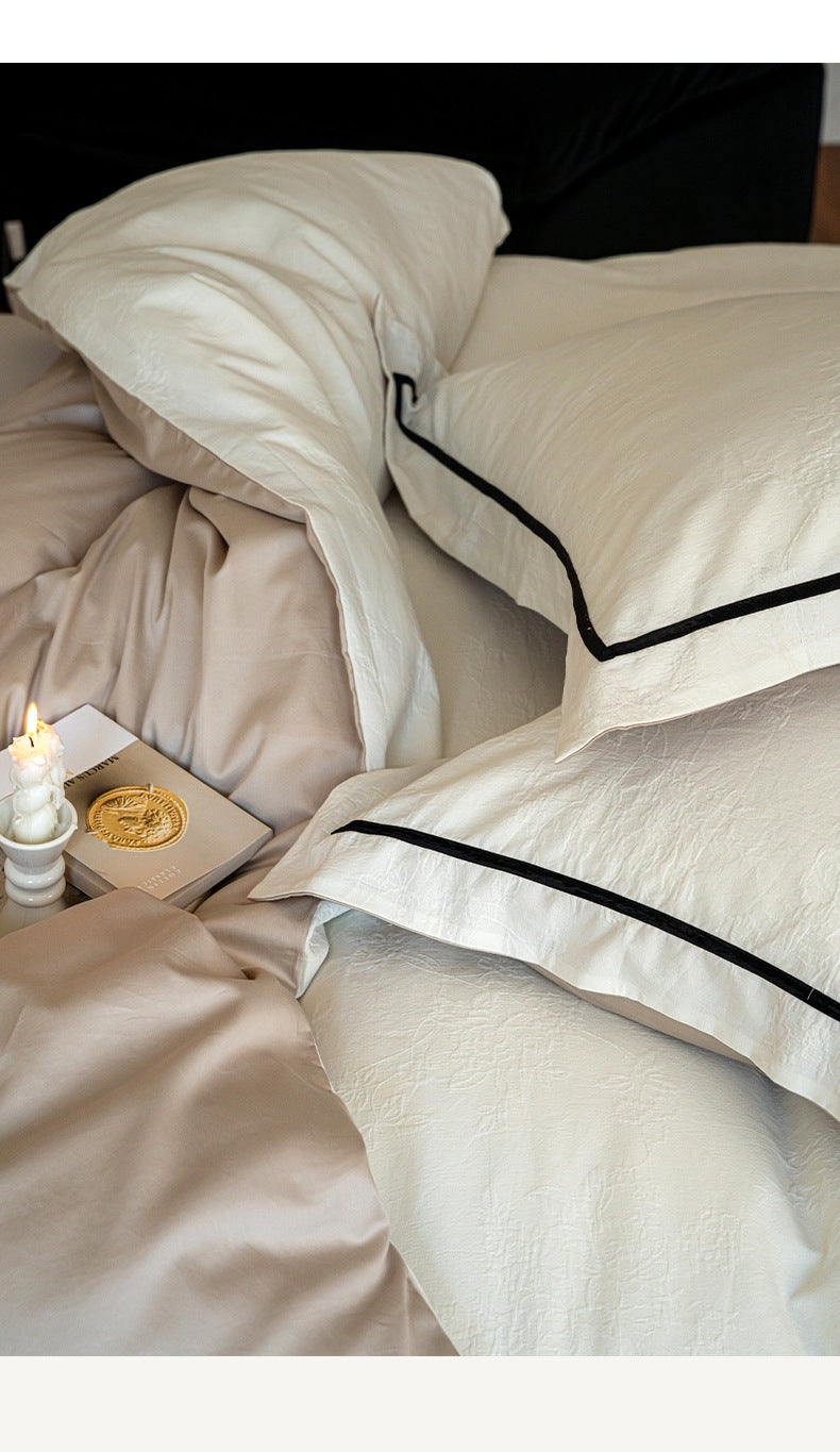 Contrast Border Cotton Jacquard Bedding Set, Ivory Sand, fabric and pillow detail 7 - Roomden