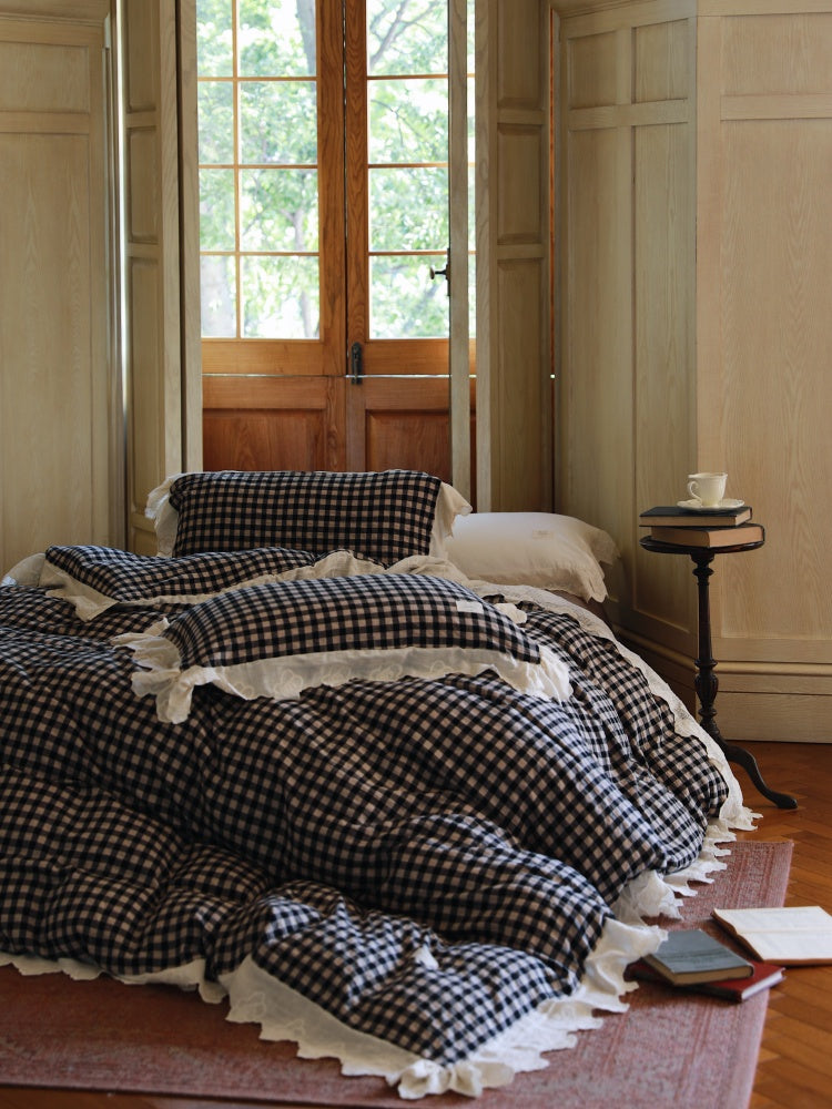 Lace Trim Gingham Cotton Blend Bedding Set – black gingham duvet with pale lace in a bright bedroom - Roomden