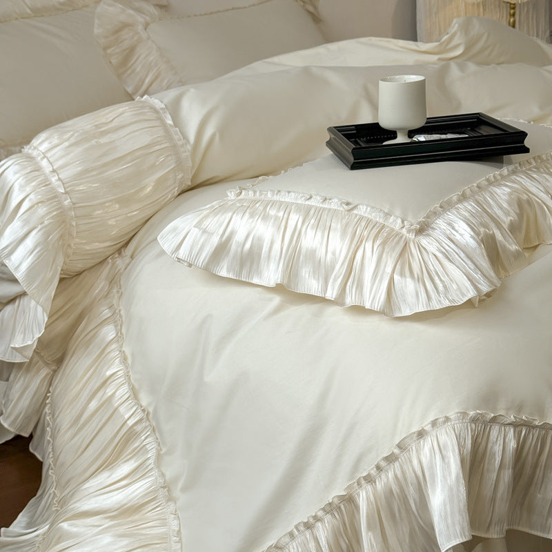 Ruffled Cotton Bedding Set – Ivory Cream, fabric and edge detail - Roomden