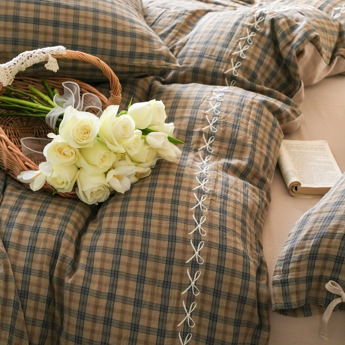 Brackenwood Checked Cotton Bedding Set – decorative stitching and bow details across sage check fabric - Roomden