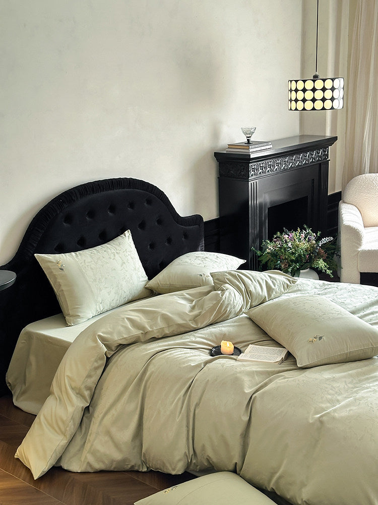 Floral Embroidered Jacquard Cotton Bedding Set, Bamboo Sage, bed arrangement - Roomden