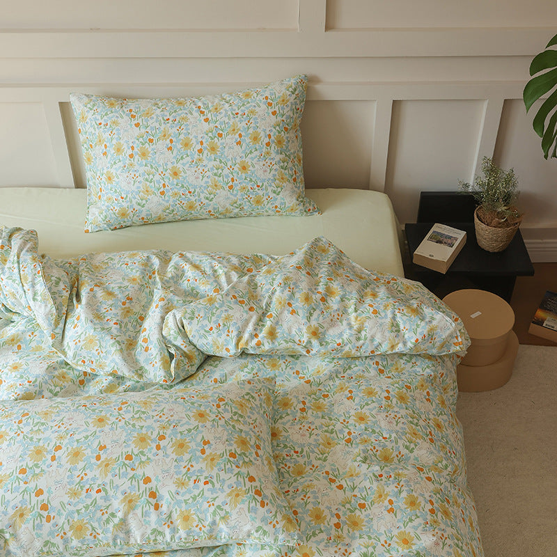 Pale Blue Yellow Meadow Cotton Bedding Set with coordinating pillow styling - Roomden