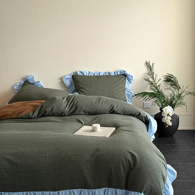 Contrast Ruffle Gingham Cotton Bedding Set, Moss & Copper, bed arrangement - Roomden
