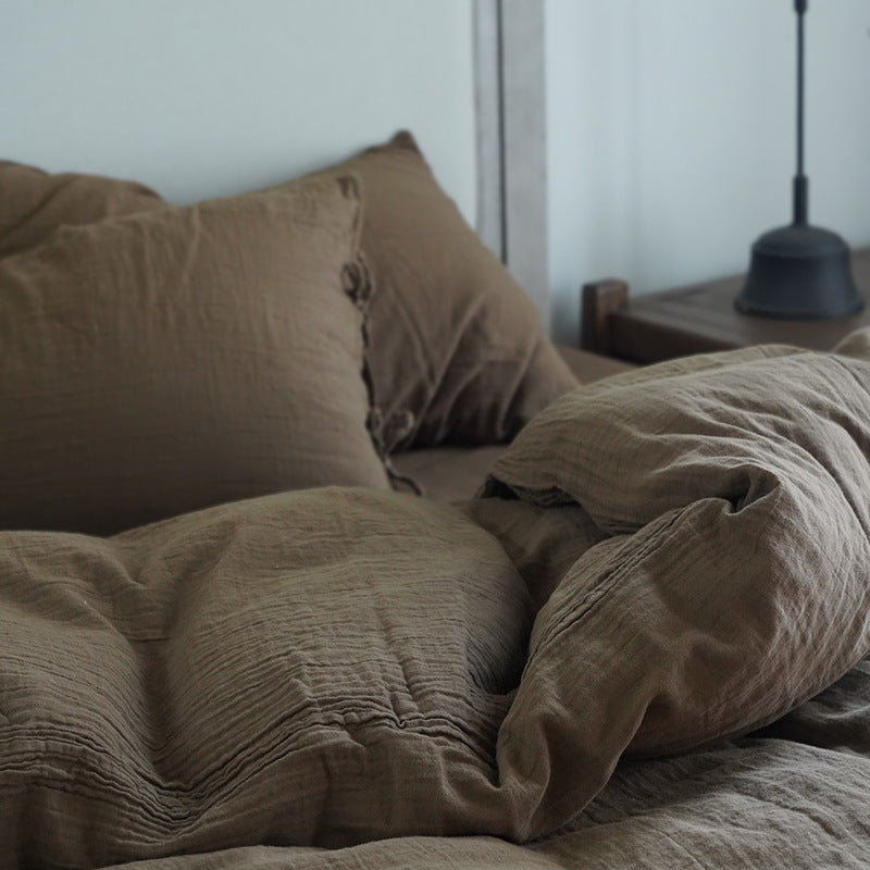 Tie-Detail Double Gauze Cotton Bedding Set – Chestnut Brown, fabric and edge detail - Roomden