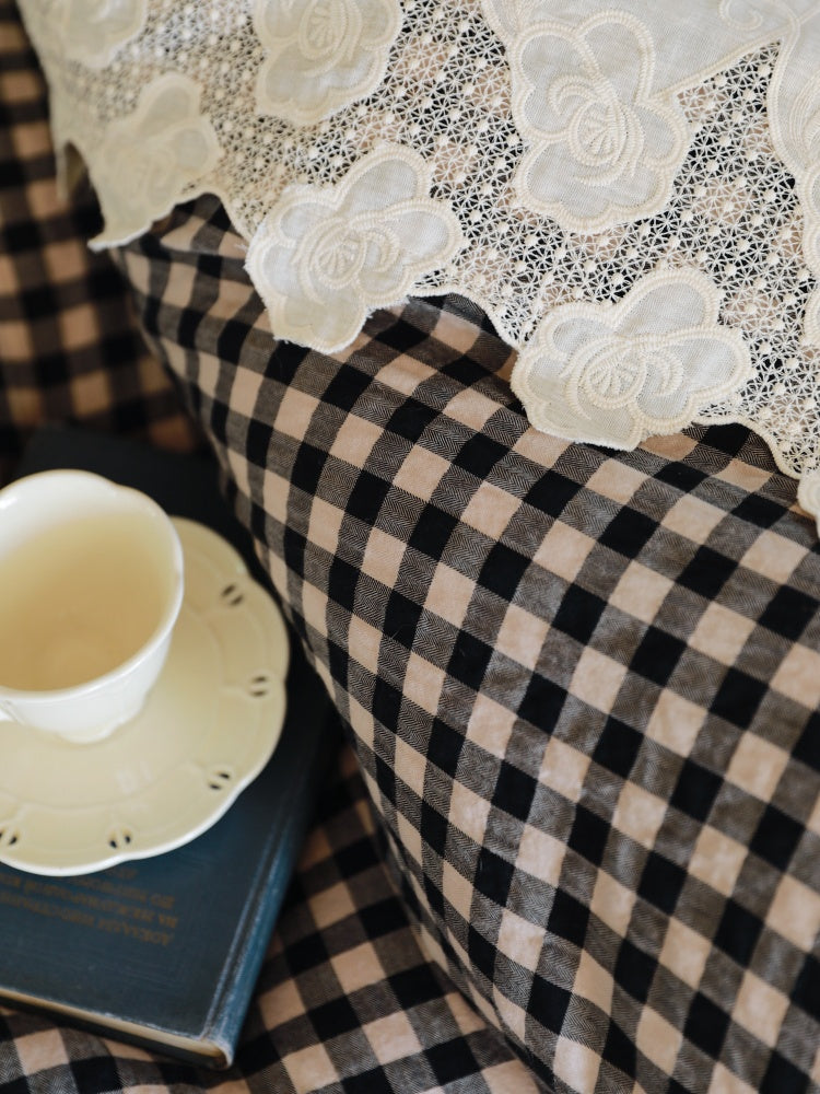 Lace Trim Gingham Cotton Blend Bedding Set – close detail of black checks and the floral lace trim - Roomden