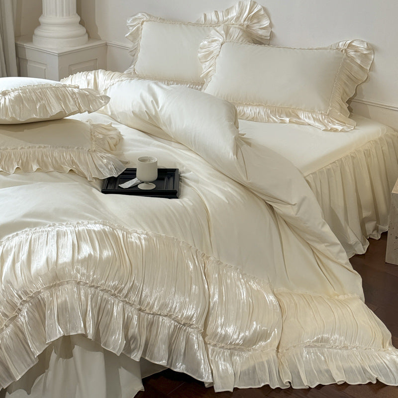 Ruffled Cotton Bedding Set – Ivory Cream, bed arrangement - Roomden