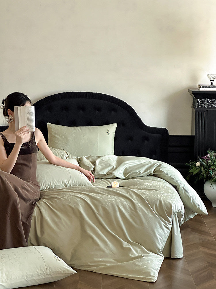 Floral Embroidered Jacquard Cotton Bedding Set, Bamboo Sage, fabric and pillow details - Roomden
