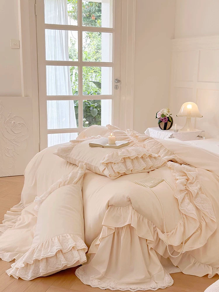 Ruffle cotton sateen bedding set – Vanilla Cream, bed viewed beside the window - Roomden